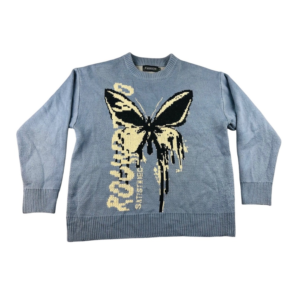 Vintage Fashion Sweater Unisex L Blue Butterfly Graphic Round Two Knit Boho